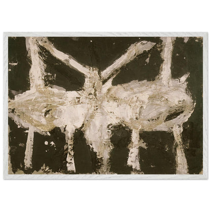 Min-Oe by Cy Twombly framed art print; featuring bold black and deep olive tones contrasted with expressive ivory and cream forms; size 30 × 45 cm (12 × 18 in); wood frame.