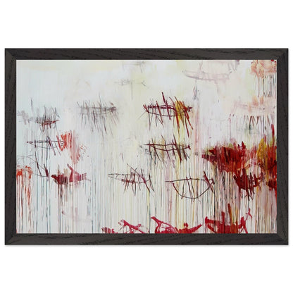 Lepanto, Part IX by Cy Twombly framed art print; featuring a luminous pale blue and ivory background, energetic crimson and burgundy marks, delicate yellow accents; size 70 × 100 cm (28 × 40 in); black frame.