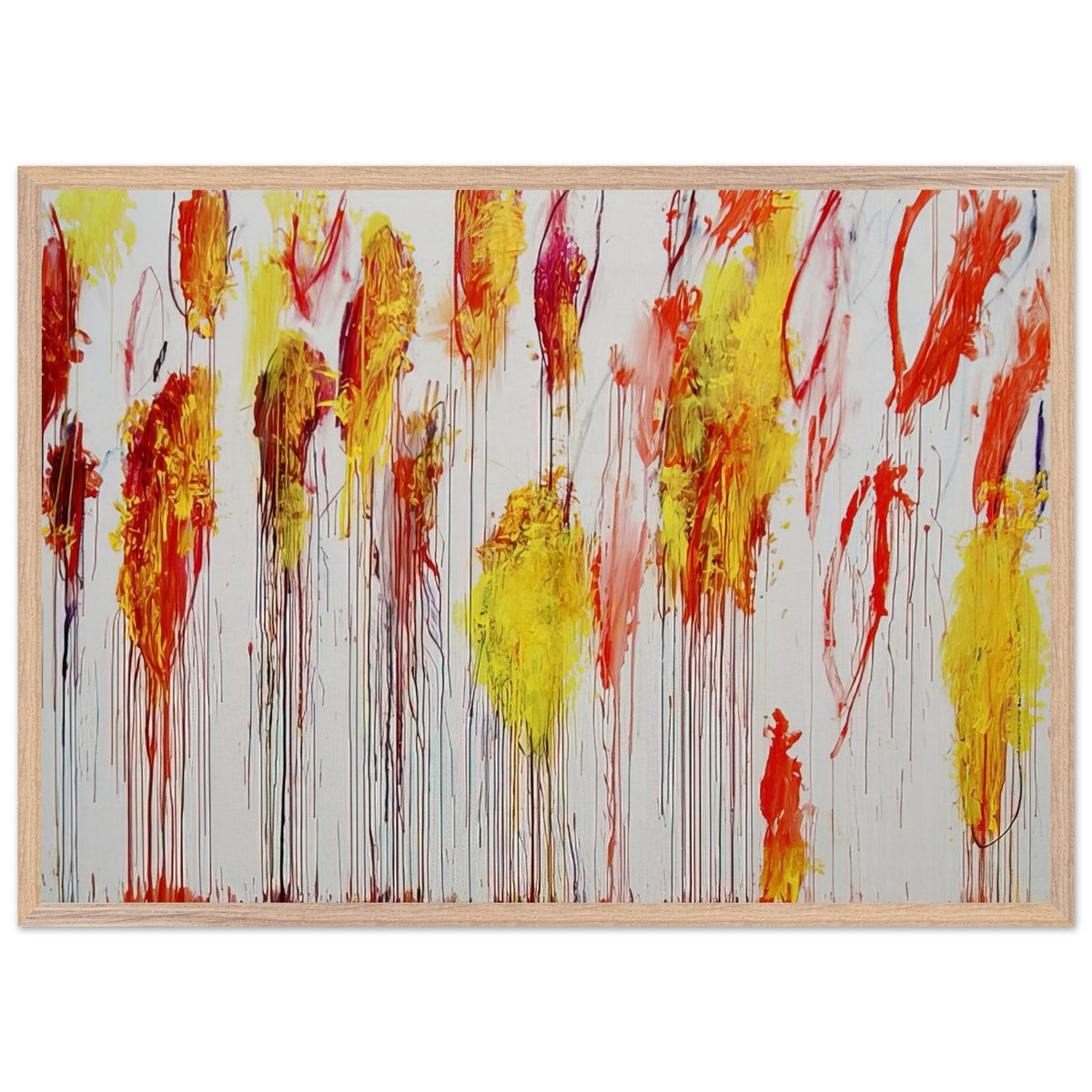 Lepanto, Part XII by Cy Twombly framed art print; featuring vibrant golden-yellow and orange brushstrokes, fiery red and crimson accents; size 60 × 90 cm (24 × 36 in); black frame.