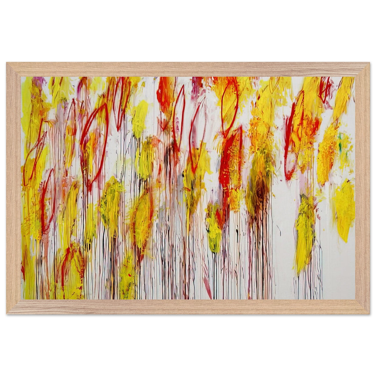 Lepanto, Part I by Cy Twombly framed art print; featuring vivid yellow and golden-orange brushstrokes, fiery red accents, delicate pink marks; size 30 × 45 cm (12 × 18 in); black frame.