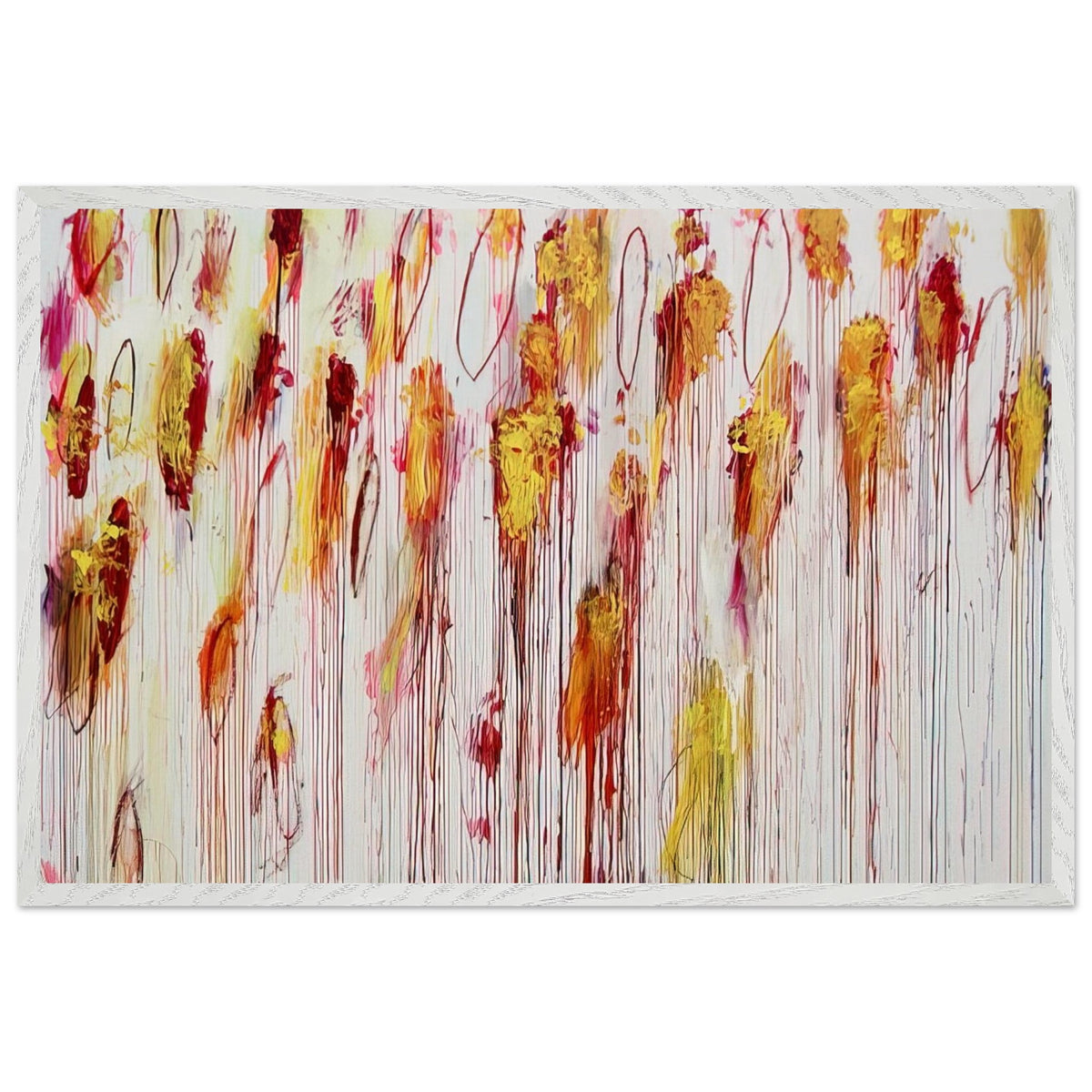 Lepanto, Part VIII by Cy Twombly framed art print; featuring vivid golden-yellow and orange brushstrokes, deep crimson and burgundy accents, delicate pink marks; size 70 × 100 cm (28 × 40 in); white frame.
