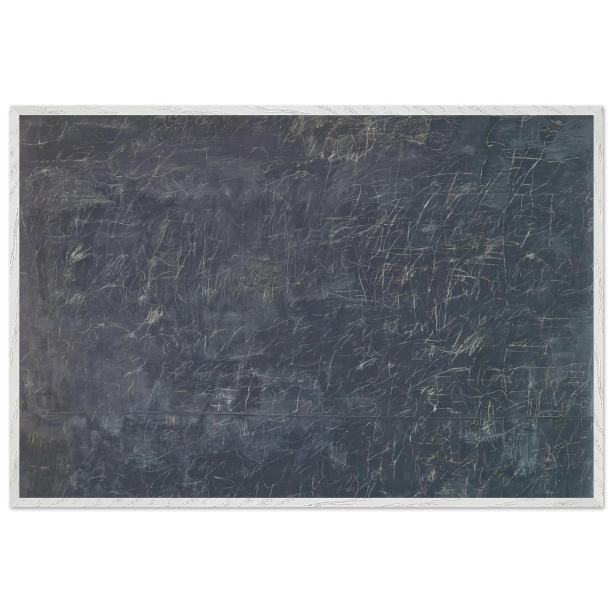 Panorama by Cy Twombly framed art print; featuring a deep charcoal-gray background covered with intricate white and pale-gray scribbles, intersecting lines; size 30 × 45 cm (12 × 18 in); black frame.