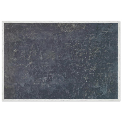 Panorama by Cy Twombly framed art print; featuring a deep charcoal-gray background covered with intricate white and pale-gray scribbles, intersecting lines; size 30 × 45 cm (12 × 18 in); black frame.