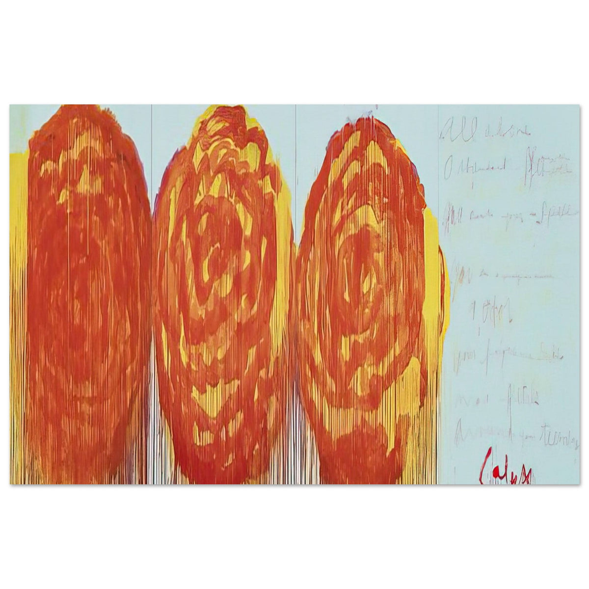 The Rose (II) by Cy Twombly poster, A3 (29.7 × 42 cm): This expressive composition features three large, rose-inspired forms rendered in vivid shades of red….