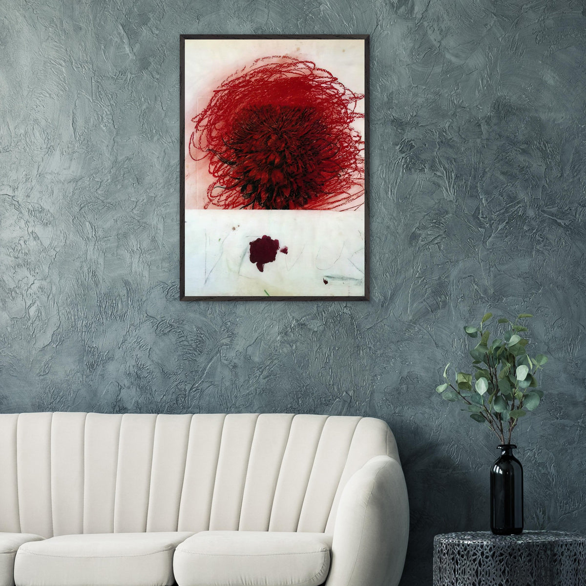 Pan II by Cy Twombly, framed art print, dense red and crimson form, surrounded by sweeping dark strokes and