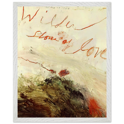 Wilder Shores of Love by Cy Twombly, framed art print, sweeping red and orange handwritten marks, subtle pencil lines, 50x70 cm (20x28 in), white frame
