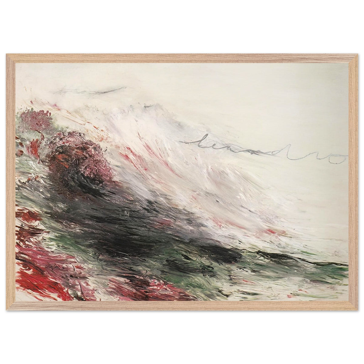 Hero and Leandro (A Painting in Four Parts) Part I by Cy Twombly framed art print; featuring sweeping white and pale gray brushstrokes, layered charcoal and black marks, subtle green tones; size 800 × 1200 mm (32 × 48 in); black frame.