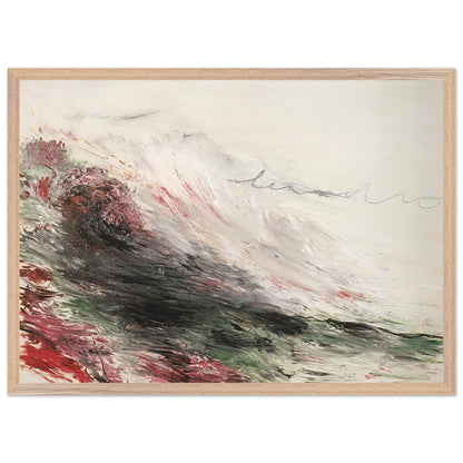 Hero and Leandro (A Painting in Four Parts) Part I by Cy Twombly framed art print; featuring sweeping white and pale gray brushstrokes, layered charcoal and black marks, subtle green tones; size 800 × 1200 mm (32 × 48 in); black frame.