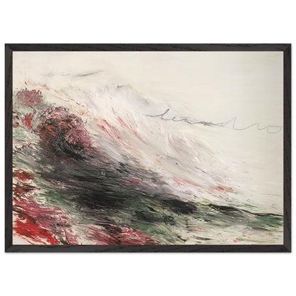Hero and Leandro (A Painting in Four Parts) Part I by Cy Twombly framed art print; featuring sweeping white and pale gray brushstrokes, layered charcoal and black marks, subtle green tones; size 28 × 43 cm (11 × 17 in); black frame.