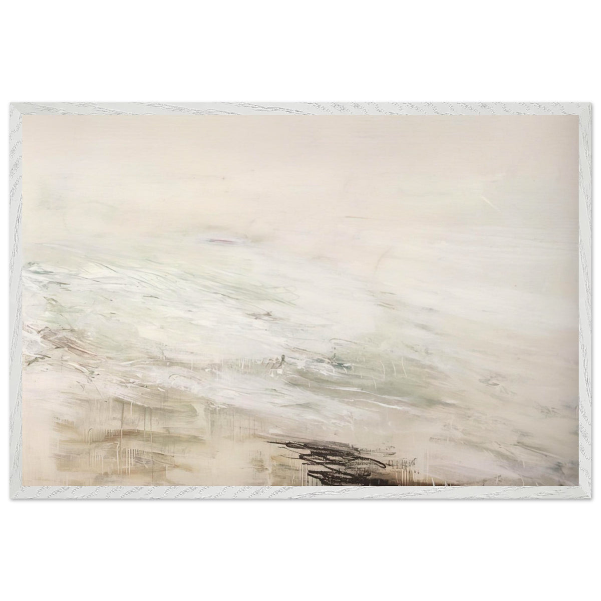 Hero and Leandro (A Painting in Four Parts) Part II by Cy Twombly framed art print; featuring expansive white and ivory tones, delicate gray marks, subtle beige and pale green hues; size 30 × 45 cm (12 × 18 in); black frame.