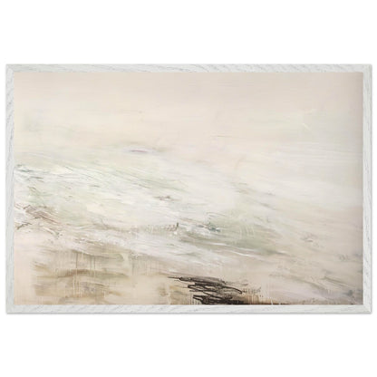 Hero and Leandro (A Painting in Four Parts) Part II by Cy Twombly framed art print; featuring expansive white and ivory tones, delicate gray marks, subtle beige and pale green hues; size 30 × 45 cm (12 × 18 in); black frame.