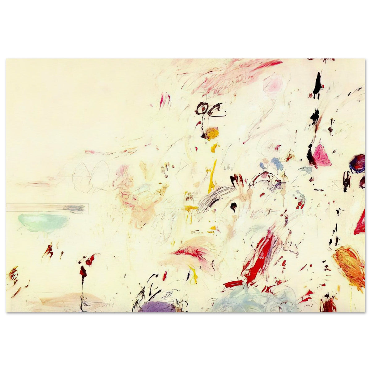 Bay of Naples by Cy Twombly poster, 100 × 150 cm / 40 × 60 in: a luminous cream background, delicate pencil-like marks, and spontaneous brushstrokes in red, pink….