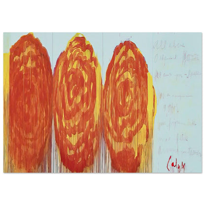 The Rose (II) by Cy Twombly poster, 40 × 60 cm / 16 × 24 in: This expressive composition features three large, rose-inspired forms rendered in vivid shades of red….