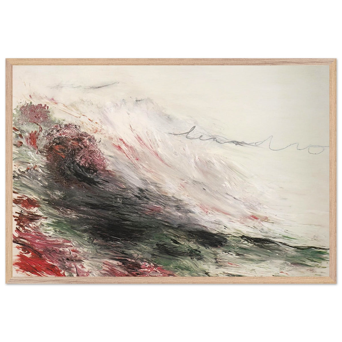 Hero and Leandro (A Painting in Four Parts) Part I by Cy Twombly framed art print; featuring sweeping white and pale gray brushstrokes, layered charcoal and black marks, subtle green tones; size 60 × 90 cm (24 × 36 in); black frame.