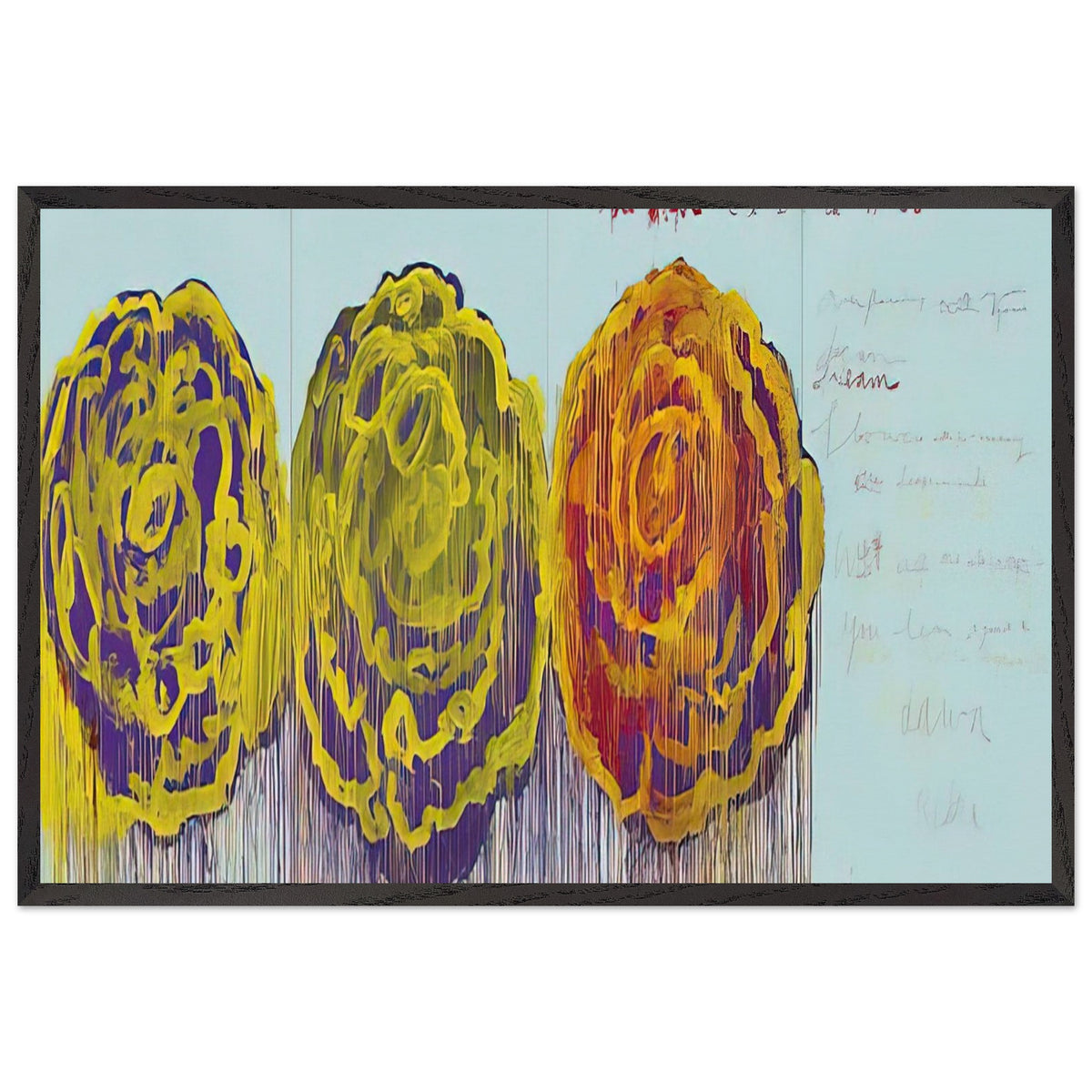 The Rose (III) by Cy Twombly framed art print; featuring three oversized rose-like forms in vivid golden yellow, fiery orange, rich magenta; size A1 (59.4 × 84.1 cm); black frame.