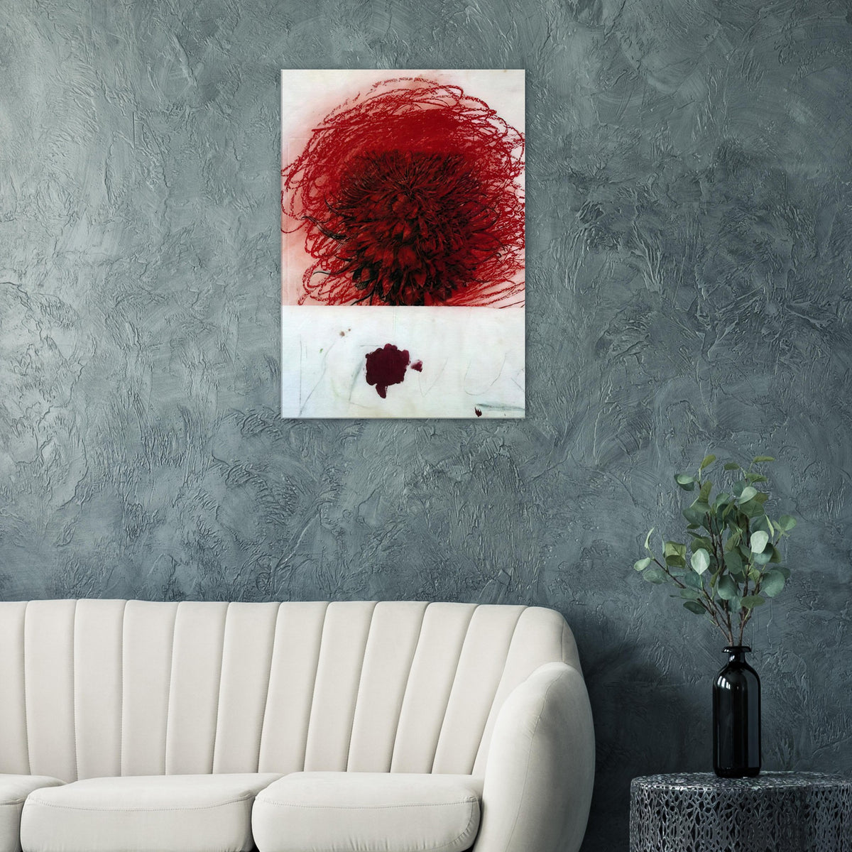 Pan II by Cy Twombly, canvas print, intense mass of red and crimson marks surrounded by intricate dark