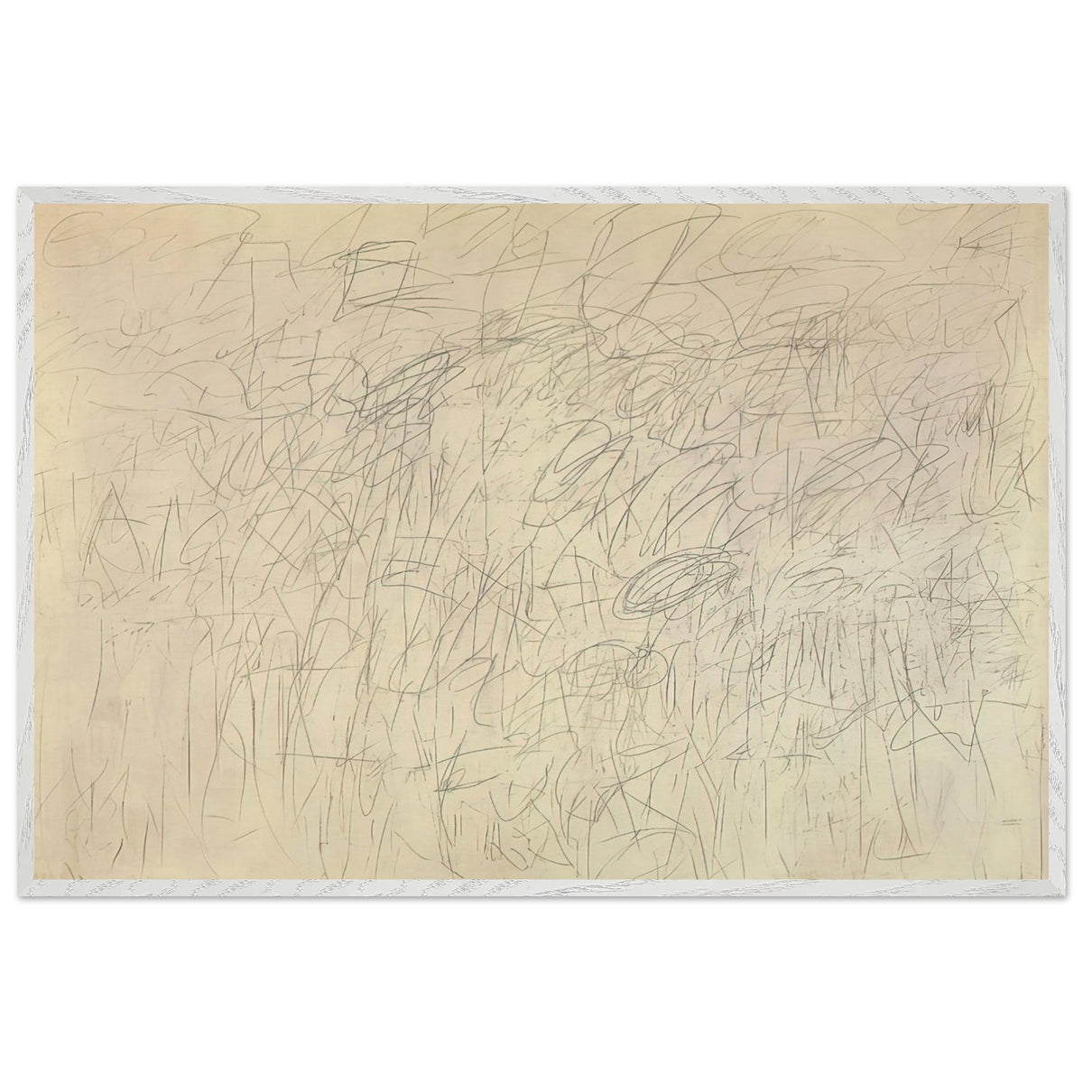 Academy by Cy Twombly framed art print; featuring an intricate network of delicate gray and black scribbles, overlapping lines, spontaneous gestures; size A1 (59.4 × 84.1 cm); wood frame.