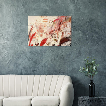 Ferragosto IV by Cy Twombly canvas print: a pale cream background covered with energetic brushstrokes, spontaneous lines, and layered marks in red….