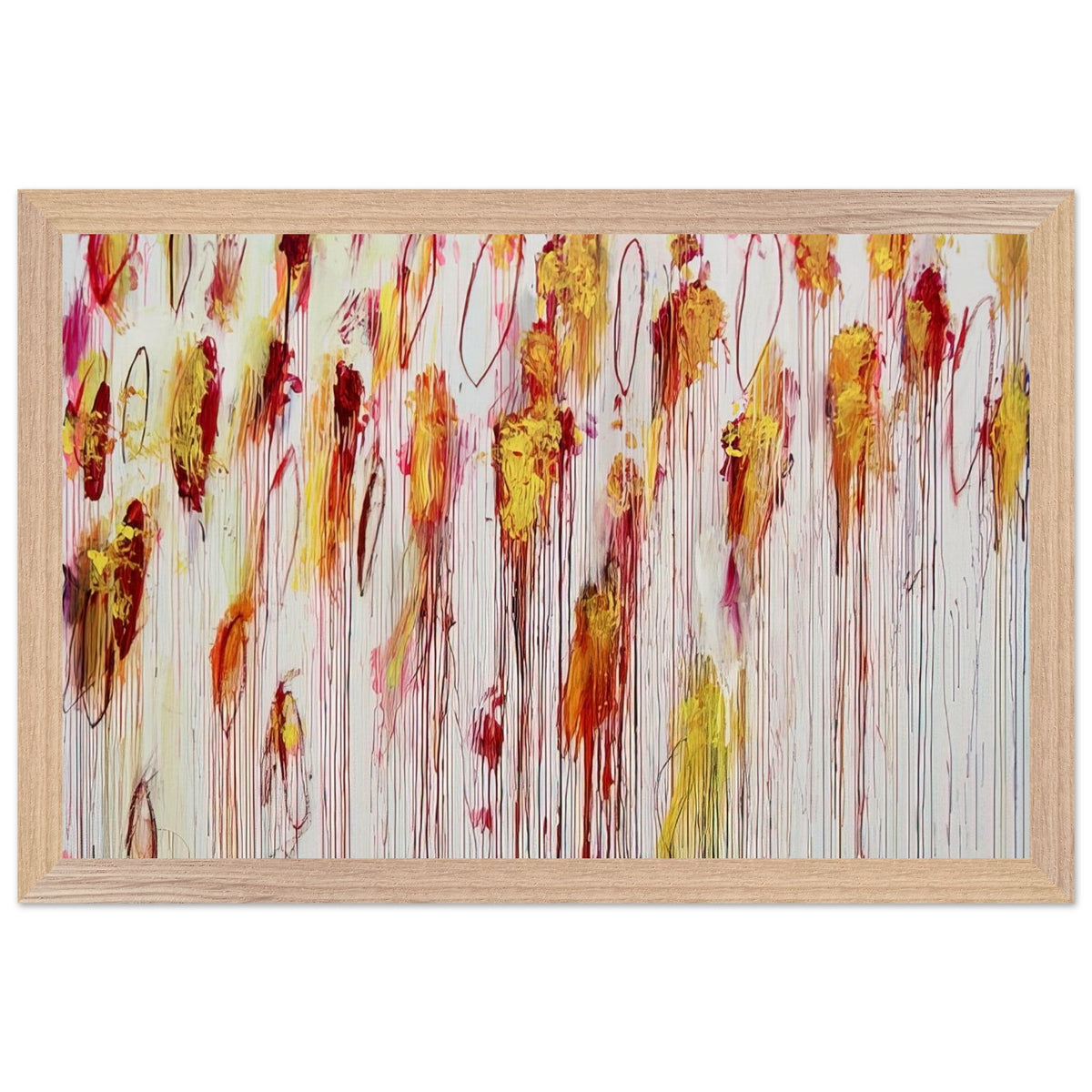 Lepanto, Part VIII by Cy Twombly framed art print; featuring vivid golden-yellow and orange brushstrokes, deep crimson and burgundy accents, delicate pink marks; size 28 × 43 cm (11 × 17 in); wood frame.