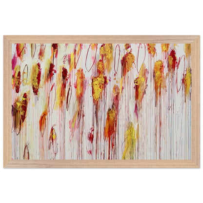 Lepanto, Part VIII by Cy Twombly framed art print; featuring vivid golden-yellow and orange brushstrokes, deep crimson and burgundy accents, delicate pink marks; size 28 × 43 cm (11 × 17 in); wood frame.