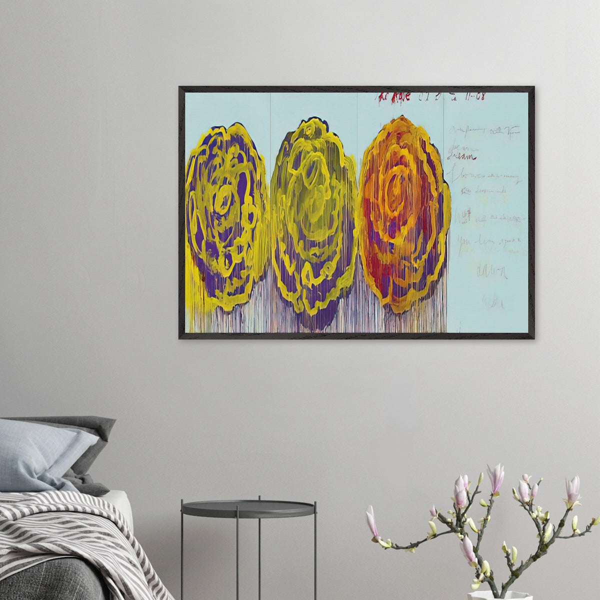 The Rose (III) by Cy Twombly framed art print; featuring three oversized rose-like forms in vivid golden yellow, fiery orange, rich magenta.