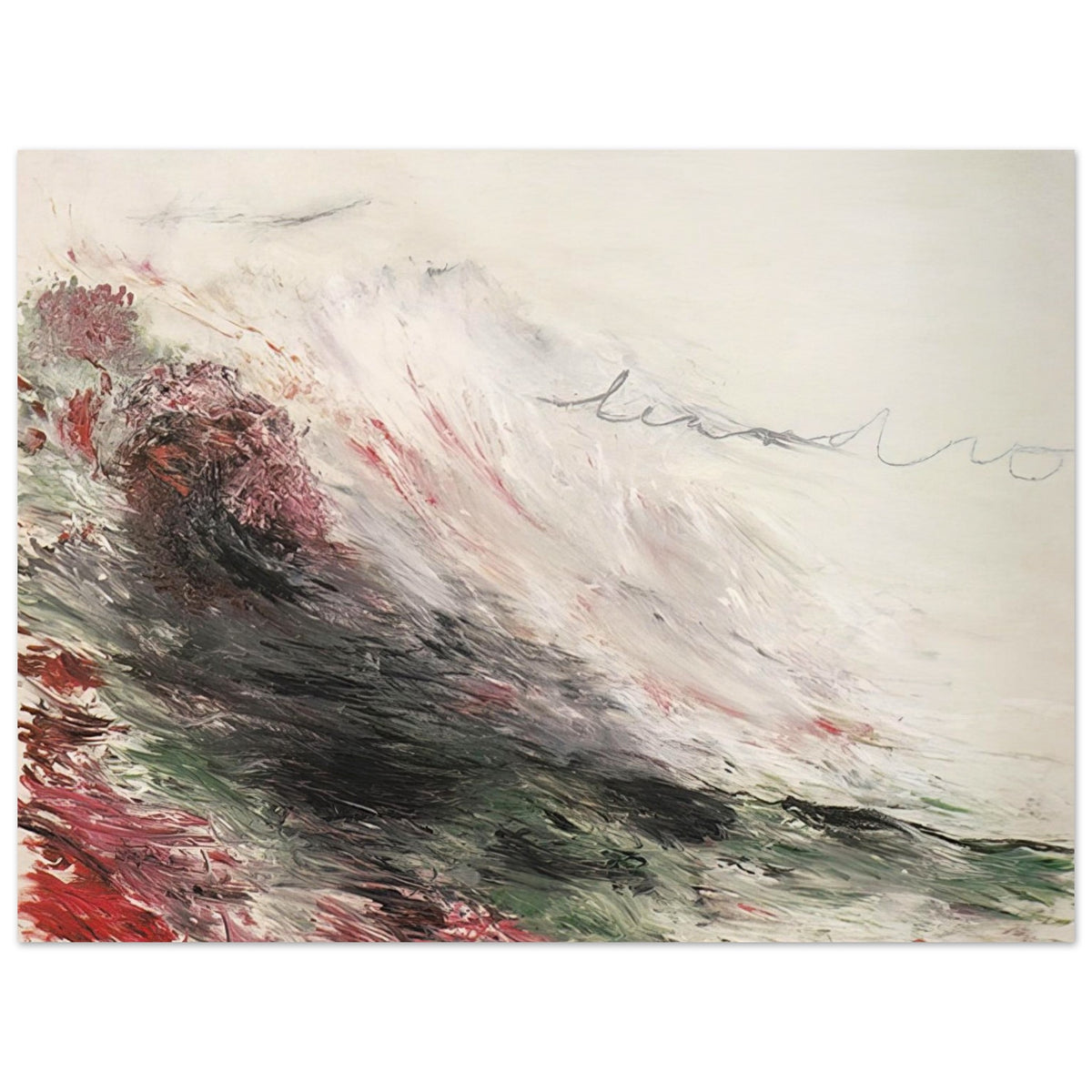 Hero and Leandro (A Painting in Four Parts) Part I by Cy Twombly poster, 75 × 100 cm / 30 × 40 in: This atmospheric composition features sweeping brushstrokes in white, pale gray, muted pink, deep green….