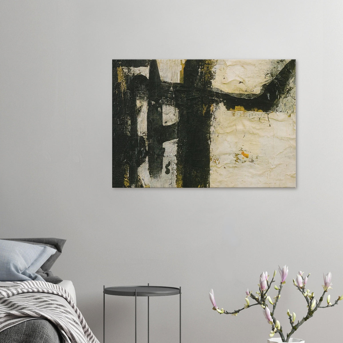 Landscape by Cy Twombly canvas print: This compelling composition features bold black forms, irregular geometric shapes….