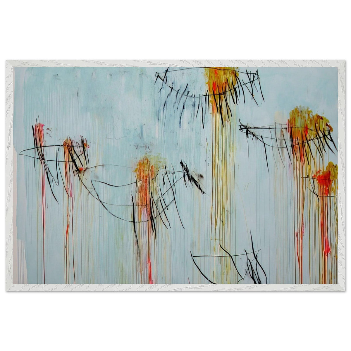 Lepanto, Part II by Cy Twombly framed art print; featuring a luminous turquoise-blue background, energetic black gestural lines, and vivid accents of yellow, orange; size 70 × 100 cm (28 × 40 in); black frame.