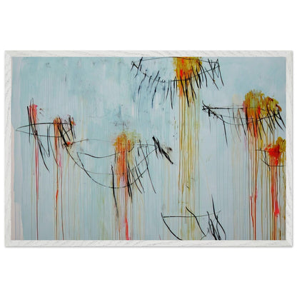 Lepanto, Part II by Cy Twombly framed art print; featuring a luminous turquoise-blue background, energetic black gestural lines, and vivid accents of yellow, orange; size 70 × 100 cm (28 × 40 in); black frame.