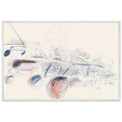Fifty Days at Iliam: Ilians in Battle by Cy Twombly framed art print; featuring delicate blue-gray lines, energetic red marks, overlapping geometric shapes; size 30 × 45 cm (12 × 18 in); wood frame.