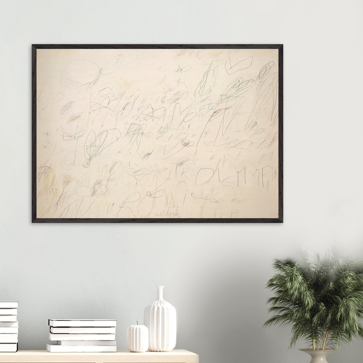 Olympia by Cy Twombly framed art print; featuring a warm ivory and pale cream background covered with delicate pencil-like lines, overlapping scribbles.