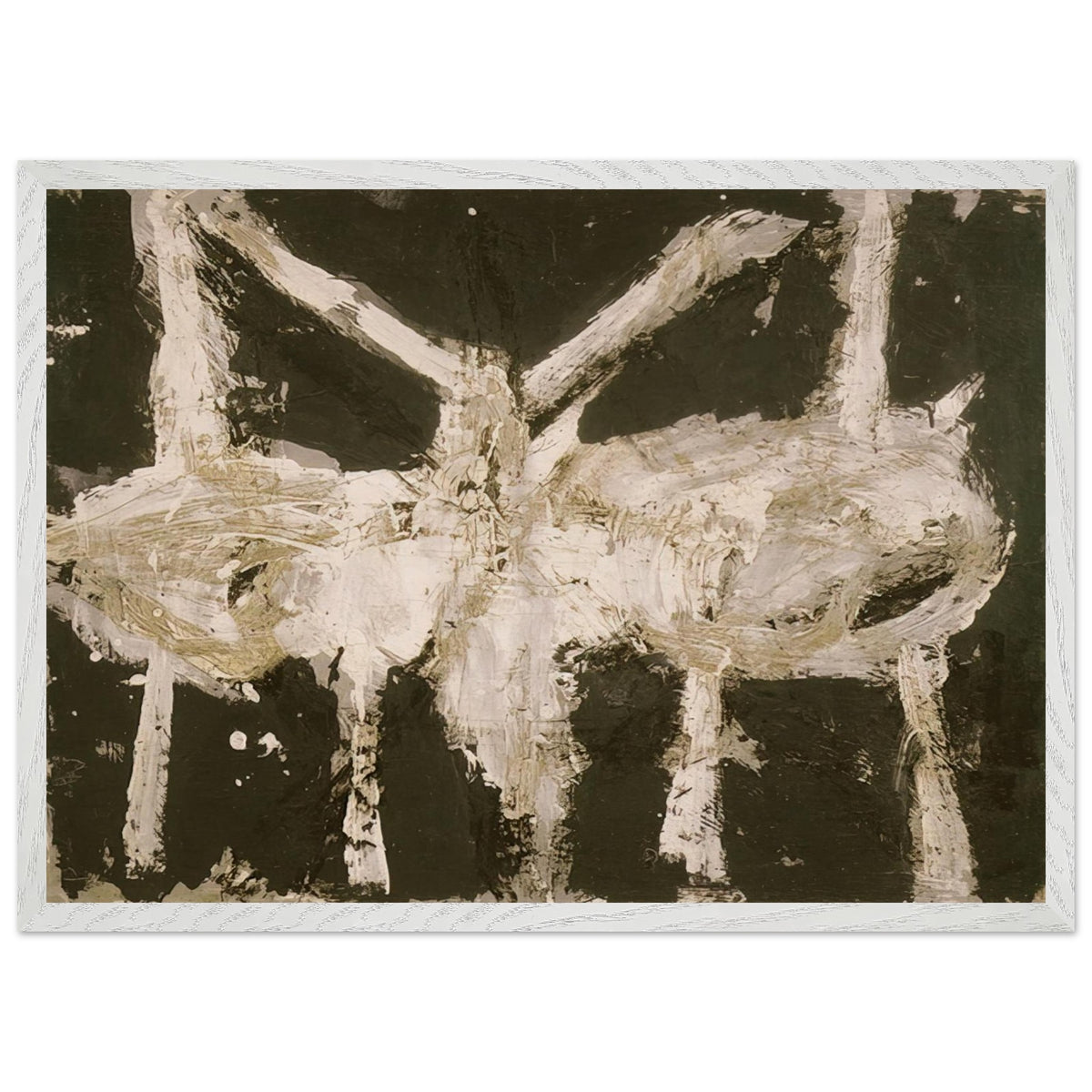 Min-Oe by Cy Twombly framed art print; featuring bold black and deep olive tones contrasted with expressive ivory and cream forms; size 50 × 70 cm (20 × 28 in); white frame.