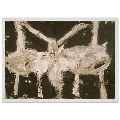 Min-Oe by Cy Twombly framed art print; featuring bold black and deep olive tones contrasted with expressive ivory and cream forms; size 50 × 70 cm (20 × 28 in); white frame.