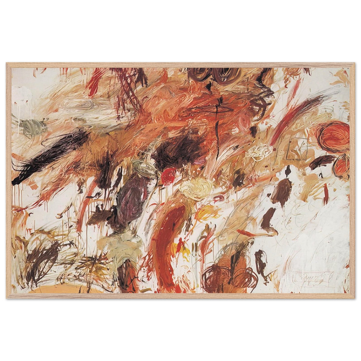 Ferragosto V by Cy Twombly framed art print; featuring energetic brushstrokes, layered pigments, and spontaneous gestures in shades of rust red, burnt orange; size 800 × 1200 mm (32 × 48 in); wood frame.