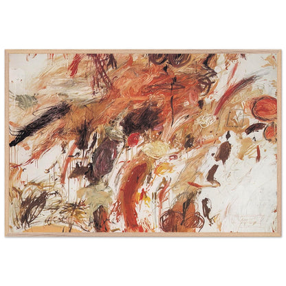 Ferragosto V by Cy Twombly framed art print; featuring energetic brushstrokes, layered pigments, and spontaneous gestures in shades of rust red, burnt orange; size 800 × 1200 mm (32 × 48 in); wood frame.