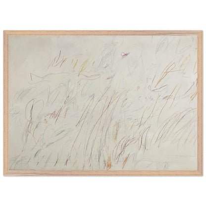Sunset by Cy Twombly framed art print; featuring a soft ivory background covered with delicate pencil marks, flowing curves, spontaneous scribbles; size 28 × 43 cm (11 × 17 in); white frame.