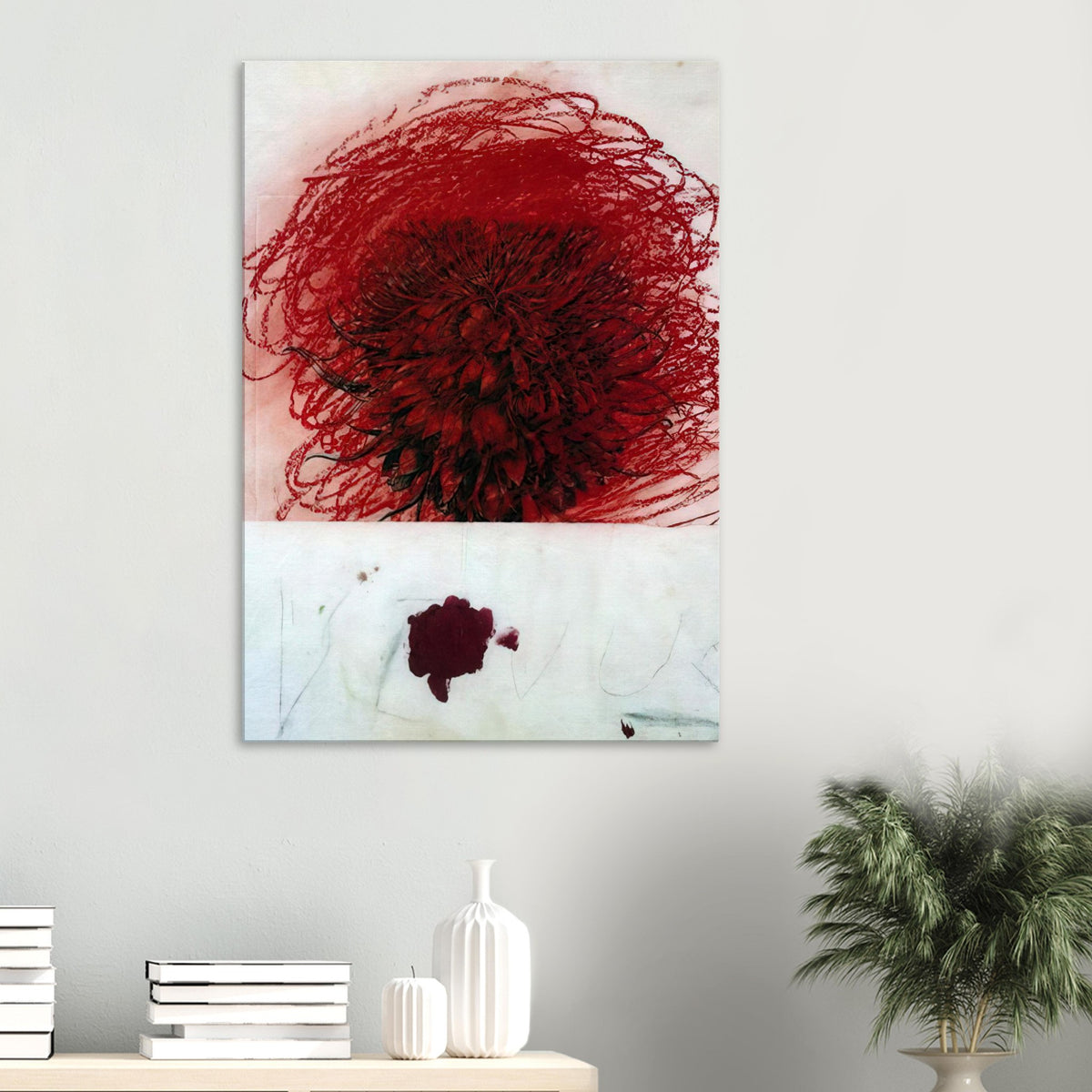 Pan II by Cy Twombly, canvas print, intense mass of red and crimson marks surrounded by intricate dark