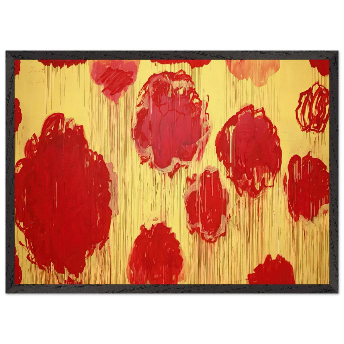 Untitled (Peonias Series) by Cy Twombly framed art print; featuring bold crimson-red and scarlet flower forms against a luminous golden-yellow background; size 28 × 43 cm (11 × 17 in); white frame.