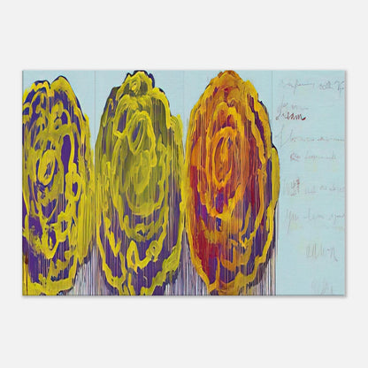 The Rose (III) by Cy Twombly canvas print: This striking composition features three large, rose-inspired forms in vivid yellow, orange, green….
