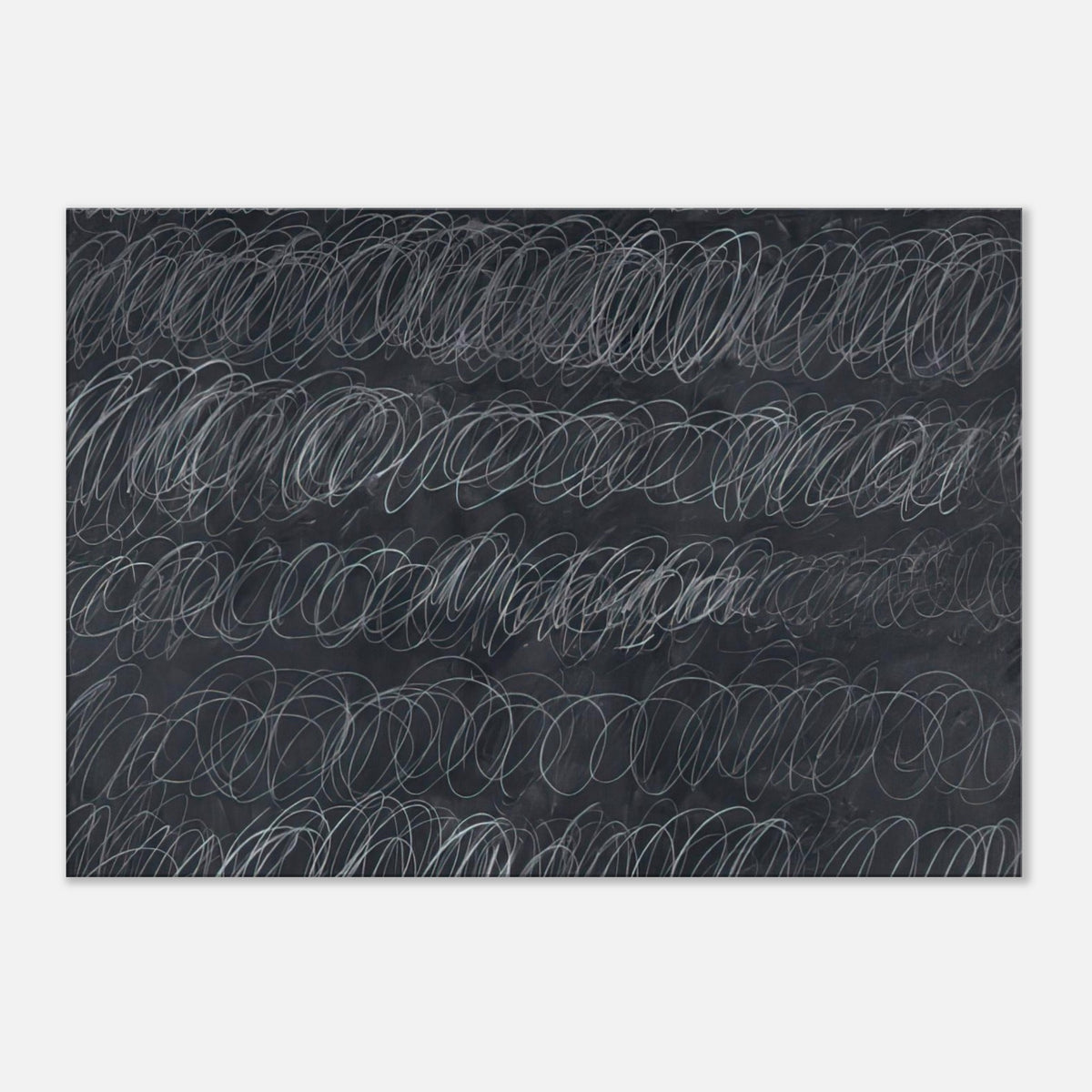Cold Stream by Cy Twombly canvas print: repeated rows of overlapping white and gray loops across a deep charcoal-gray background.