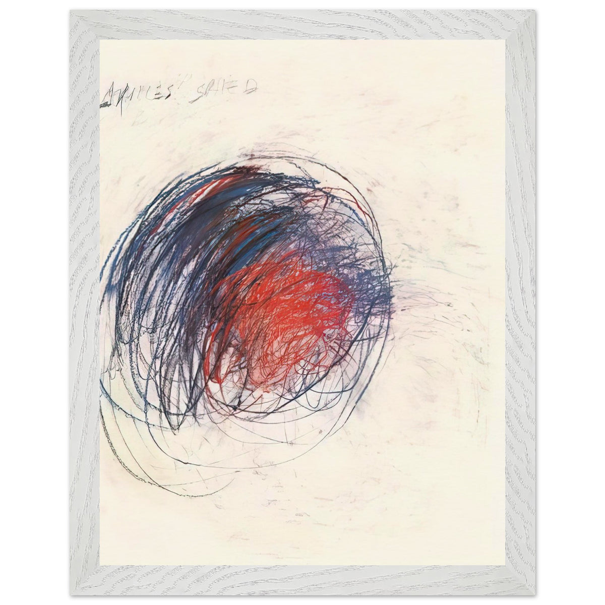Fifty Days at Iliam: Shield of Achilles by Cy Twombly, framed art print, 27x35 cm / 11x14″, Black frame; intricate black lines, expressive red strokes, deep blue accents