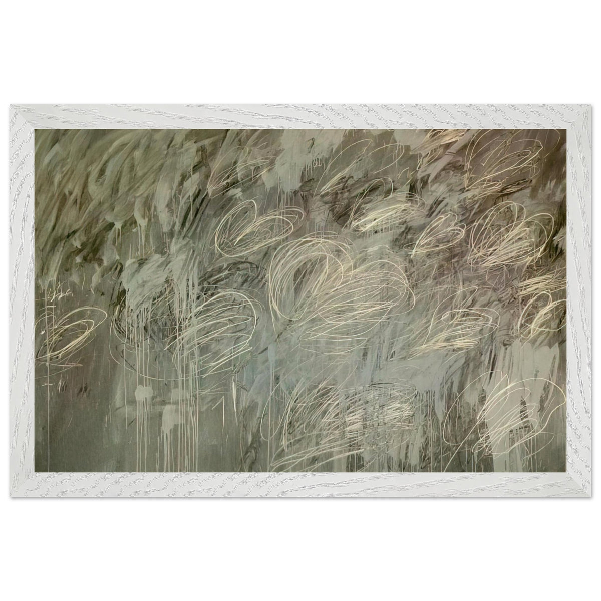 III Notes from Salalah (Note II) by Cy Twombly framed art print; featuring intricate ivory and pale gray looping lines across a richly layered background of muted olive green, gray; size 30 × 45 cm (12 × 18 in); wood frame.