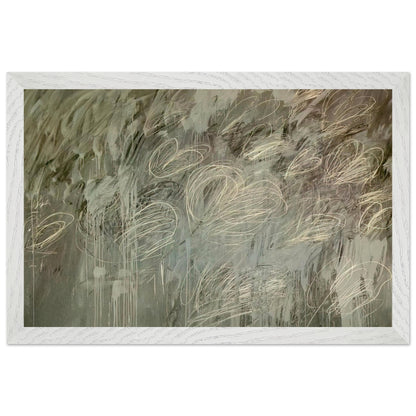 III Notes from Salalah (Note II) by Cy Twombly framed art print; featuring intricate ivory and pale gray looping lines across a richly layered background of muted olive green, gray; size 30 × 45 cm (12 × 18 in); wood frame.