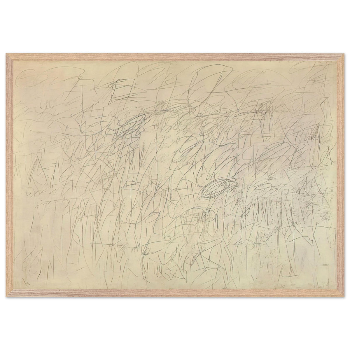 Academy by Cy Twombly framed art print; featuring an intricate network of delicate gray and black scribbles, overlapping lines, spontaneous gestures; size 70 × 100 cm (28 × 40 in); white frame.