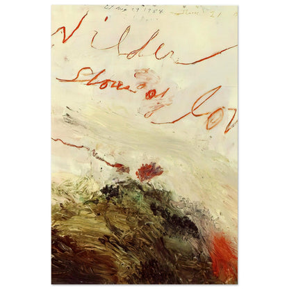 Wilder Shores of Love by Cy Twombly, poster, sweeping red and orange handwritten marks, delicate pencil lines, 20x25 cm (8x10 in)