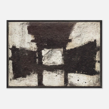 Zyig by Cy Twombly framed art print; featuring bold black and dark brown geometric forms against a textured ivory background.