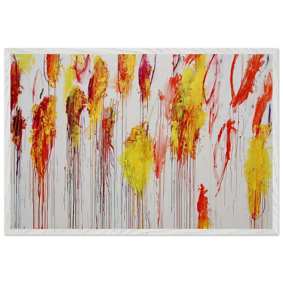 Lepanto, Part XII by Cy Twombly framed art print; featuring vibrant golden-yellow and orange brushstrokes, fiery red and crimson accents; size 70 × 100 cm (28 × 40 in); wood frame.