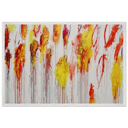 Lepanto, Part XII by Cy Twombly framed art print; featuring vibrant golden-yellow and orange brushstrokes, fiery red and crimson accents; size 70 × 100 cm (28 × 40 in); wood frame.
