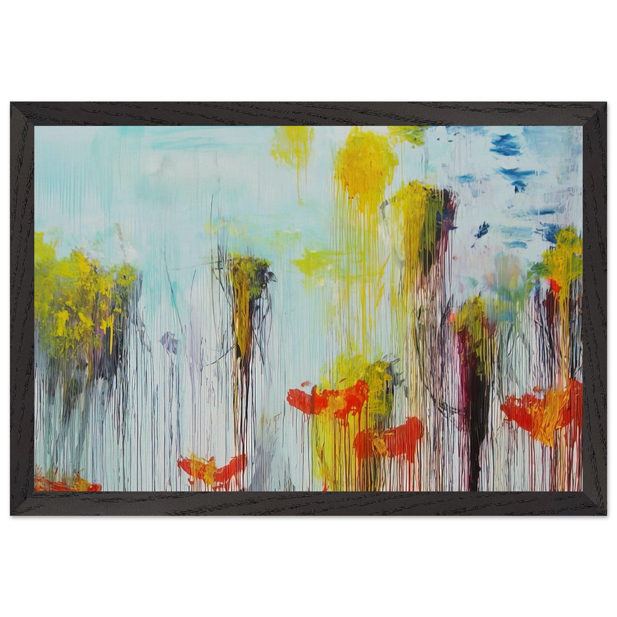 Lepanto, Part VII by Cy Twombly framed art print; featuring vibrant turquoise and aquamarine tones, vivid yellow brushstrokes, fiery orange and red accents; size 50 × 70 cm (20 × 28 in); black frame.