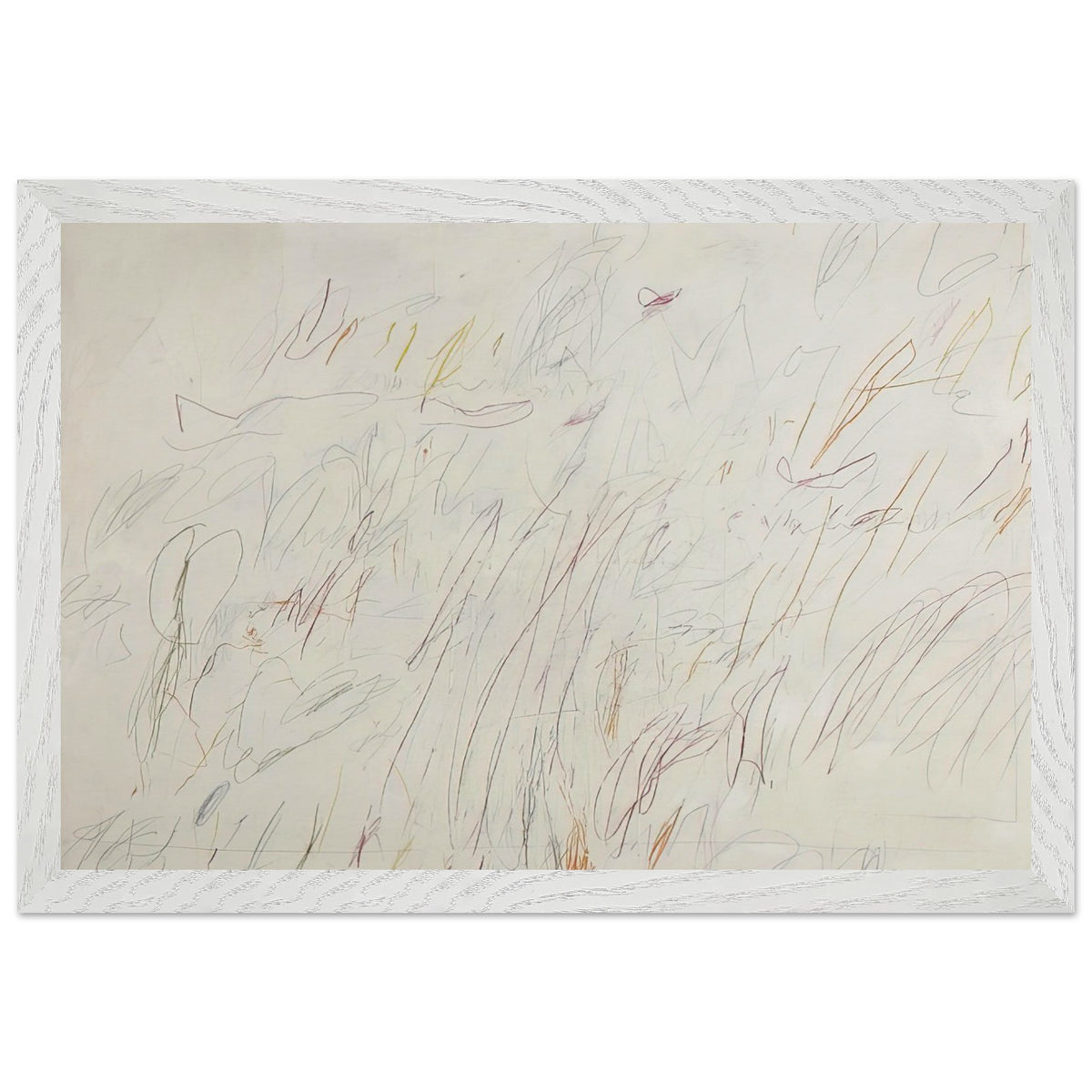 Sunset by Cy Twombly framed art print; featuring a soft ivory background covered with delicate pencil marks, flowing curves, spontaneous scribbles; size 50 × 70 cm (20 × 28 in); white frame.